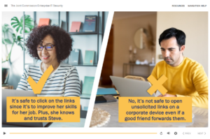 eLearning screen with a series of situations posed to the learner quizzing them about security risks