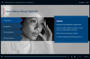 Sad looking woman on a screen about opioids