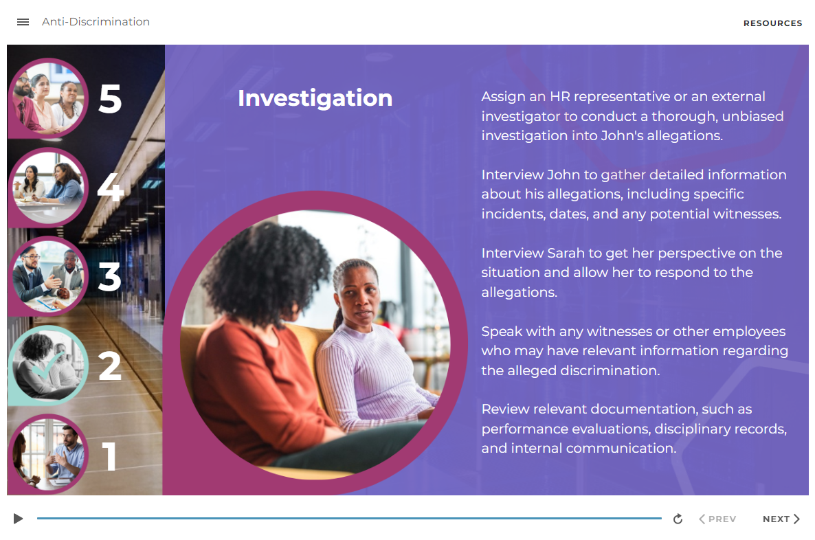 eLearning screen discussing the investigation step of a discrimination case