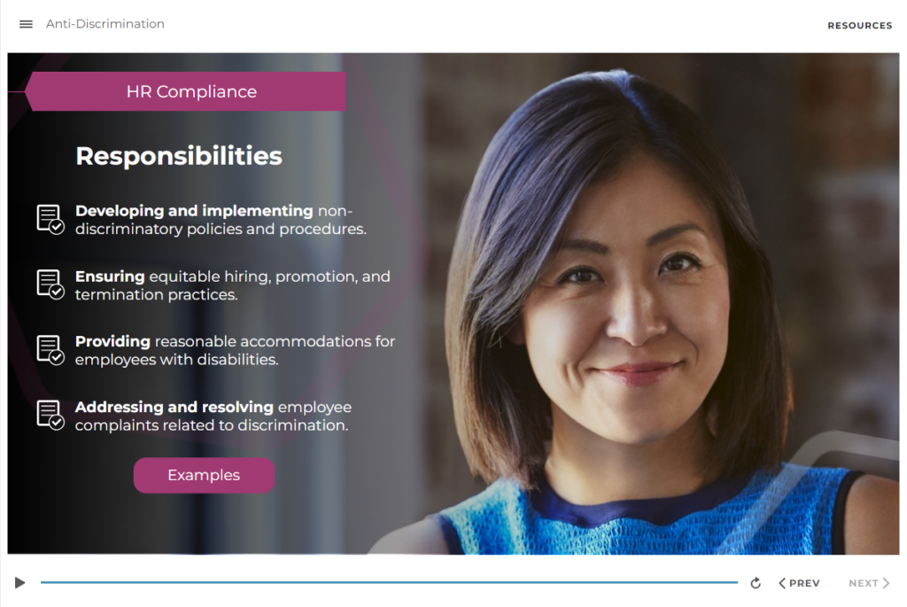 eLearning screen describing HR compliance responsibiliites