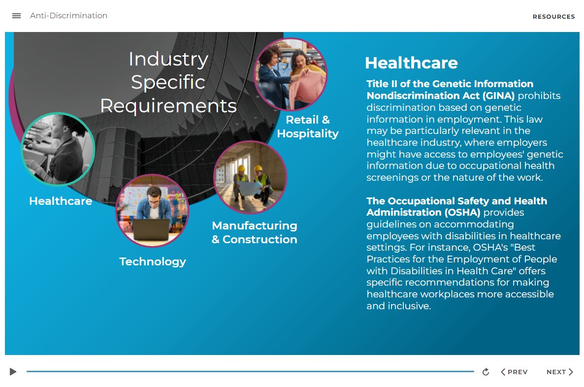 eLearning screen discussing industry-specific requirements