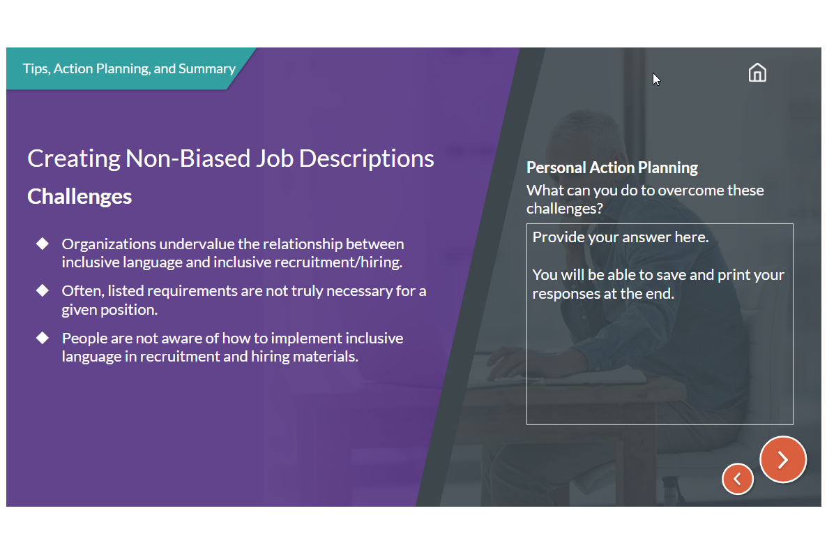 eLearning screen discussing creating non-biased job descriptions