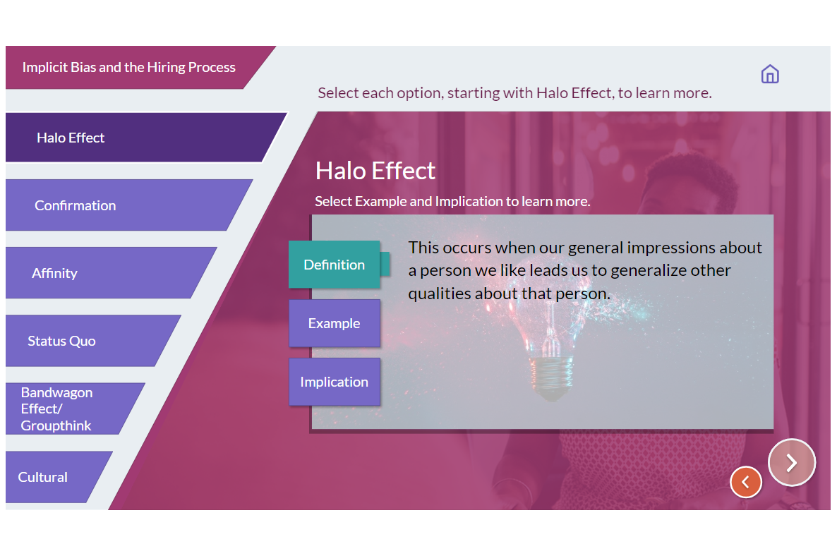 eLearning screen with tabs that link to different screens with definitions of various biases