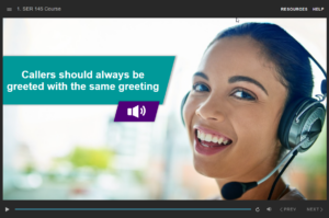 eLearning screen showing the option to listen to an audio sample of a customer service representatives response