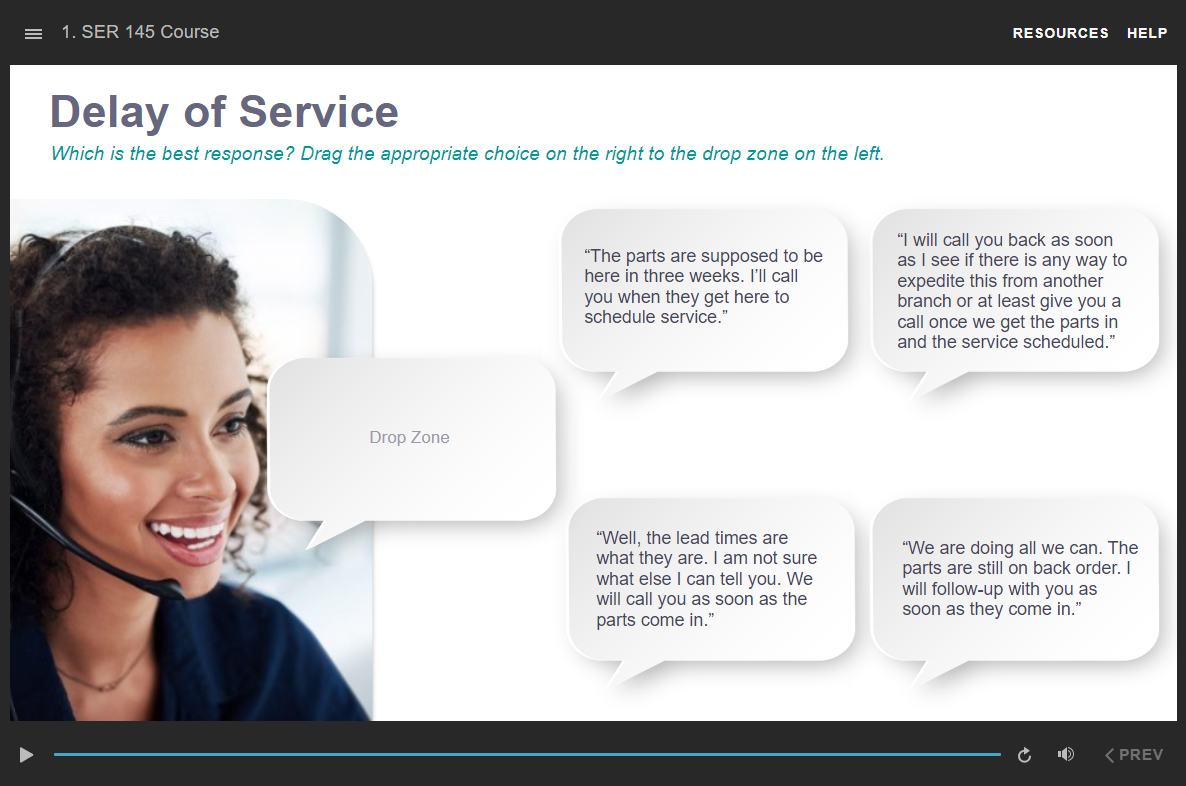 eLearning screen with an engaging knowledge check that involves dragging voice bubbles to the customer service rep to select what you think her response should be