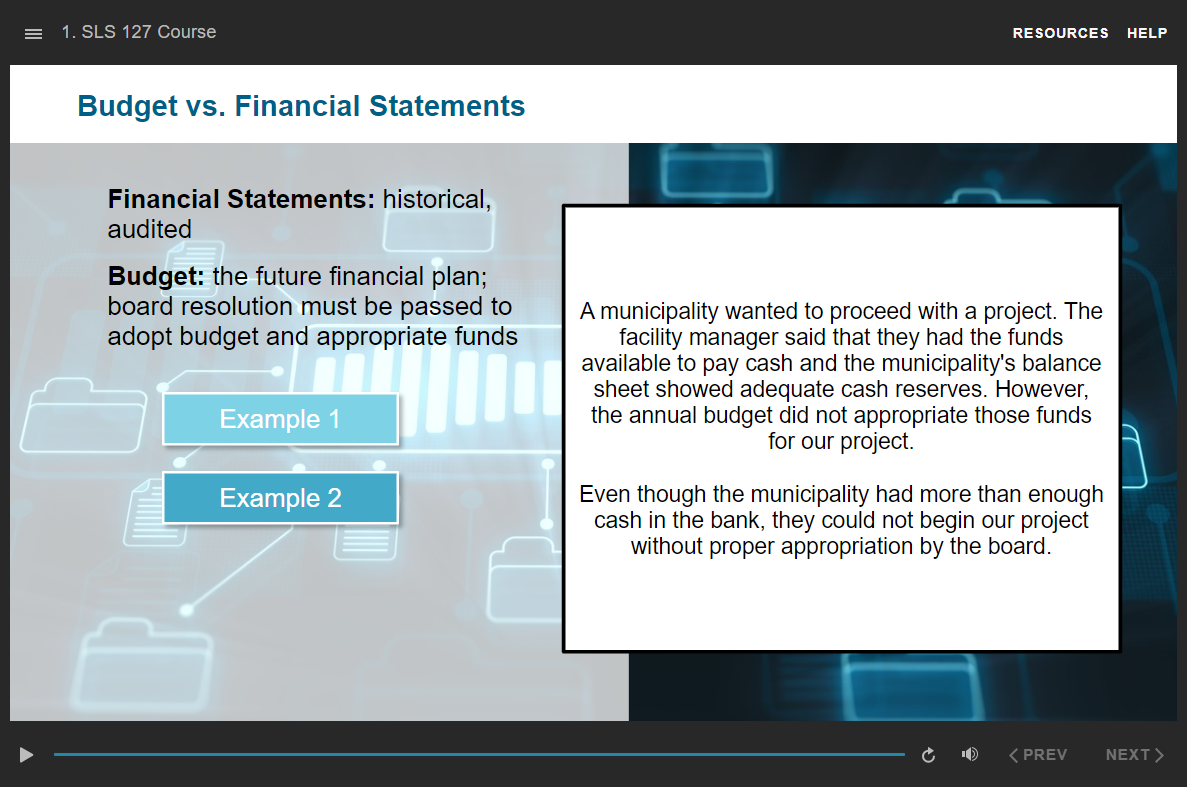 eLearning screen showing budgets vs. financial statements