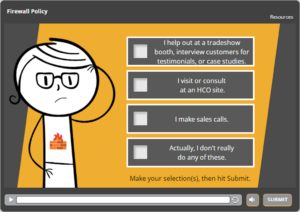 eLearning screen with a stick figure mascot who remembers what you said earlier