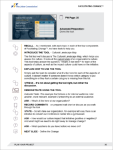 View of a highly detailed facilitator guide with prompts and icons